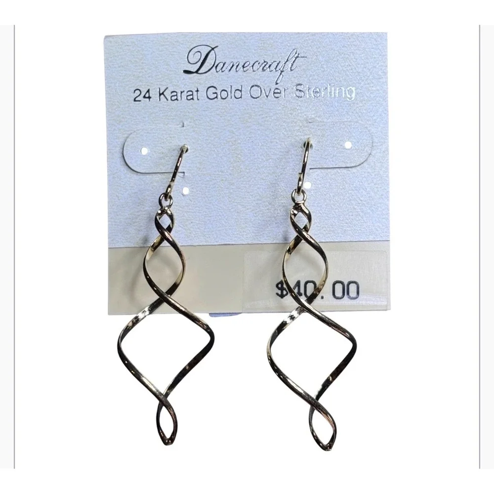 Danecraft 24K Gold Over Sterling Silver Spiral Twist Drop Dangle Earrings NEW
